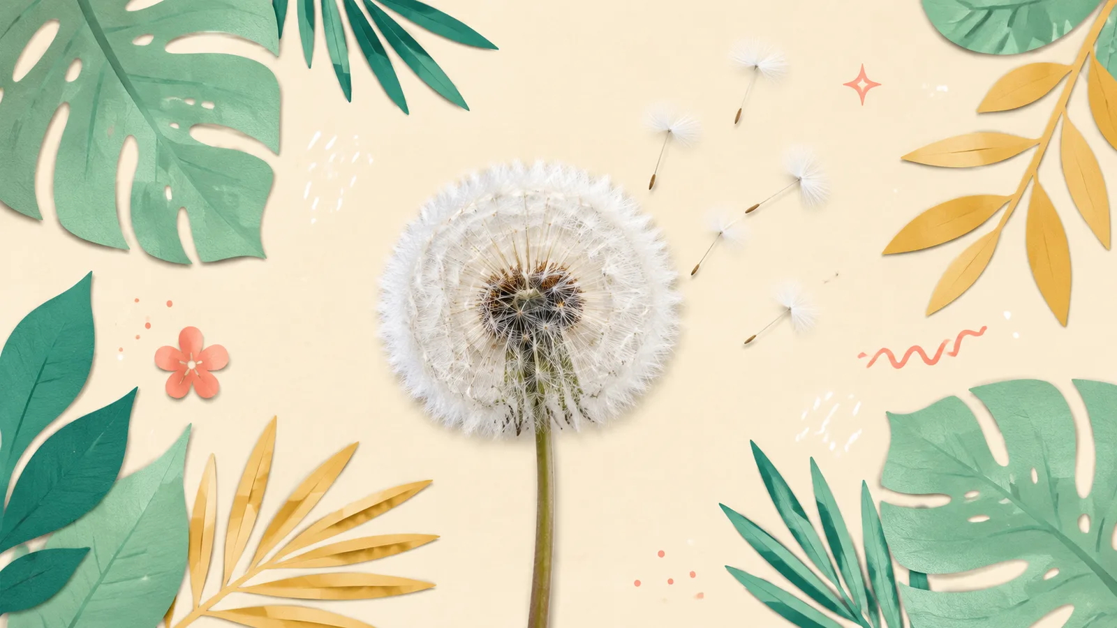 A single dandelion seed head on its stem, a few seeds drifting off, cut out on a grained paper-collage ground