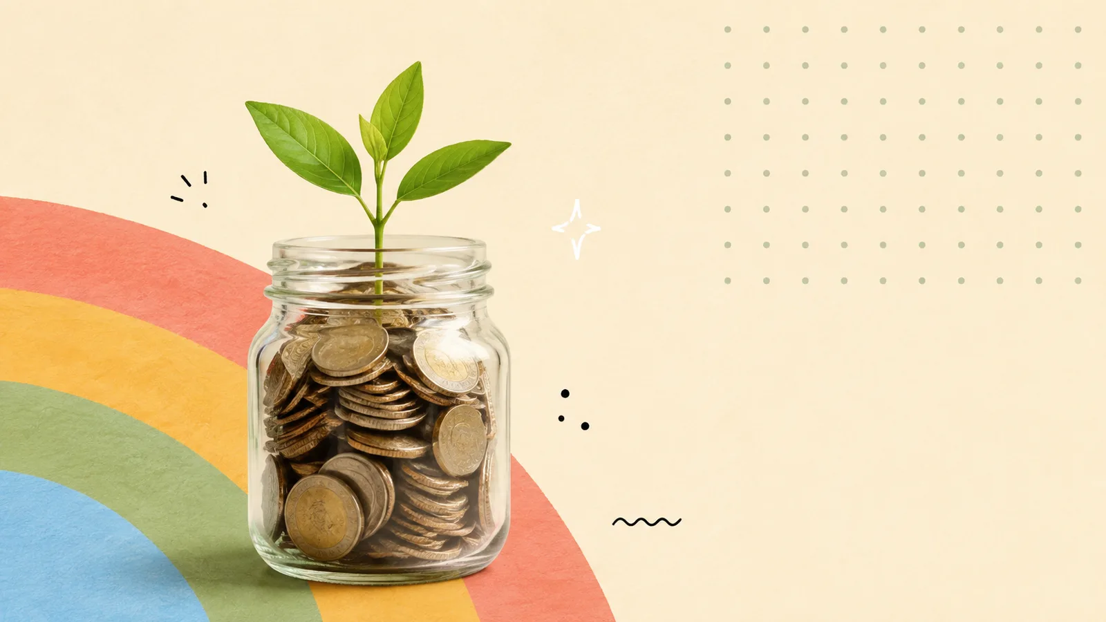 A glass jar filled with coins with a small green sprout growing out of the top, cut out on a grained paper-collage ground