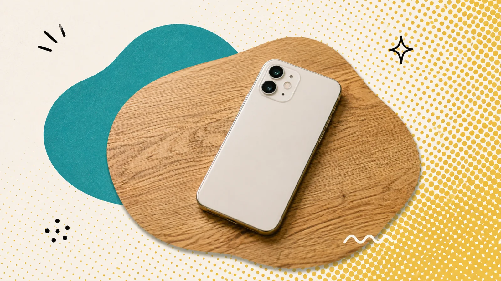 A smartphone lying face down on a wooden desk, cut out on a grained paper-collage ground