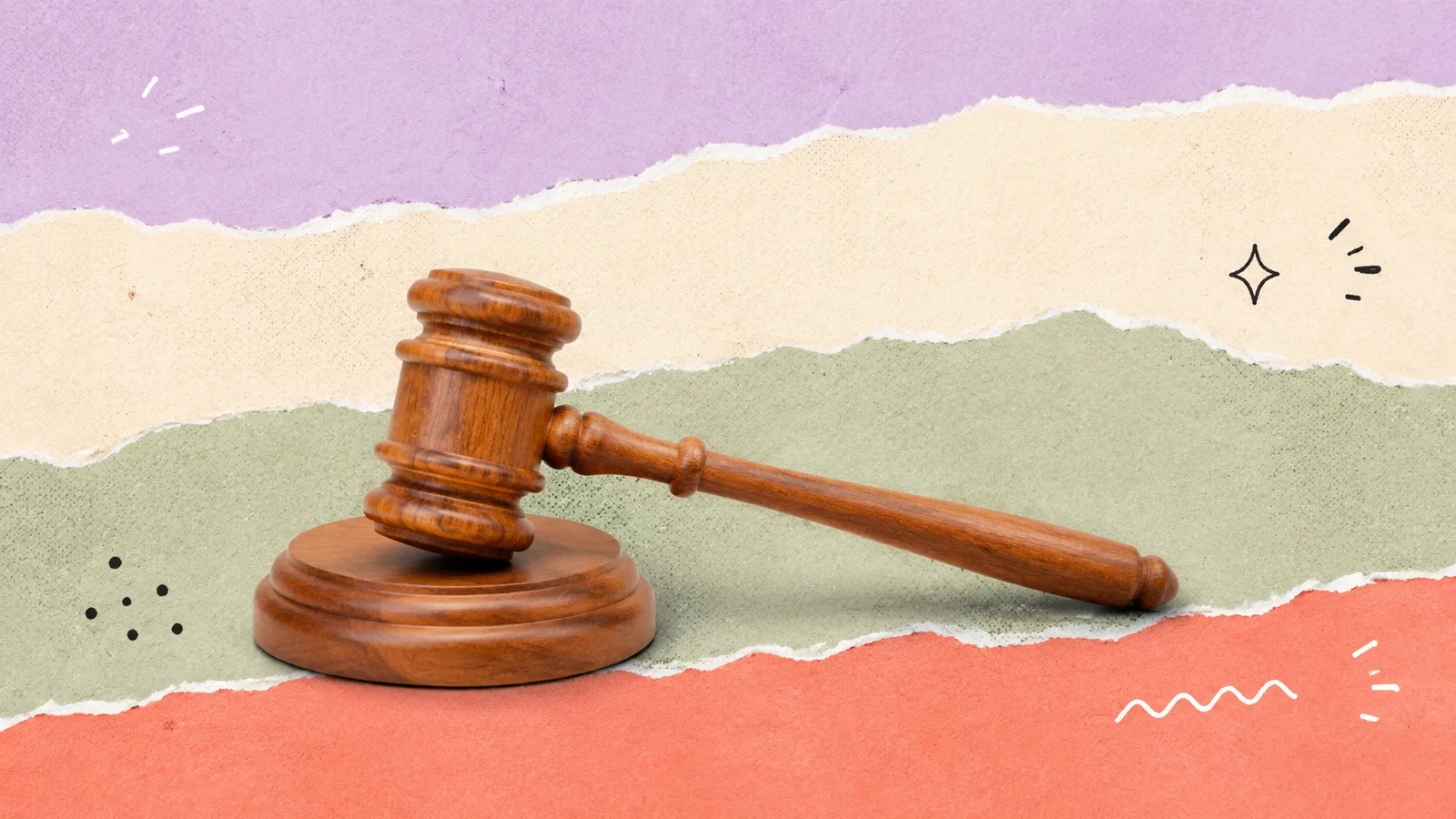 A small wooden gavel on its block, cut out on a grained paper-collage ground