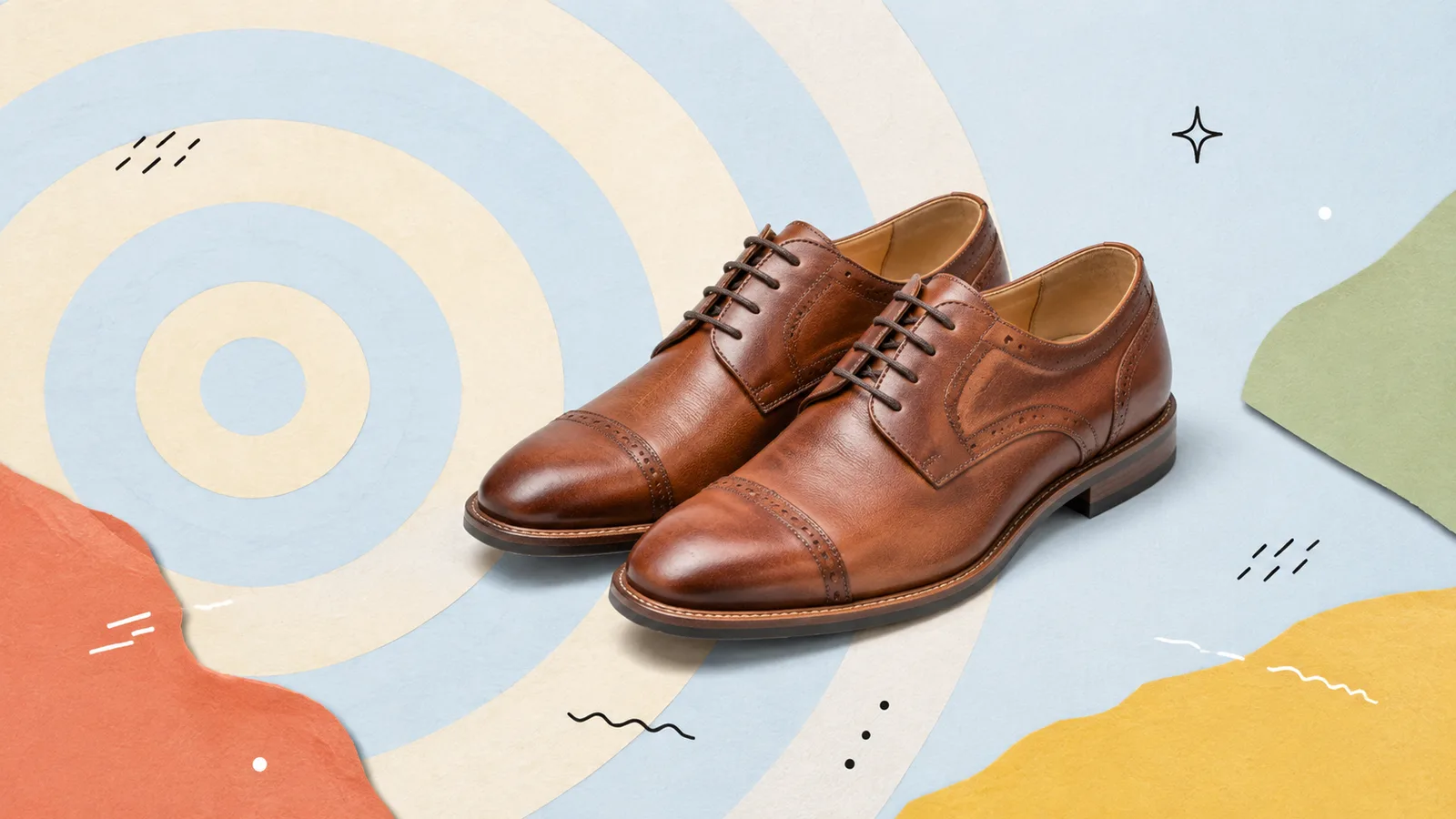 A pair of brown leather shoes, side by side, cut out on a grained paper-collage ground