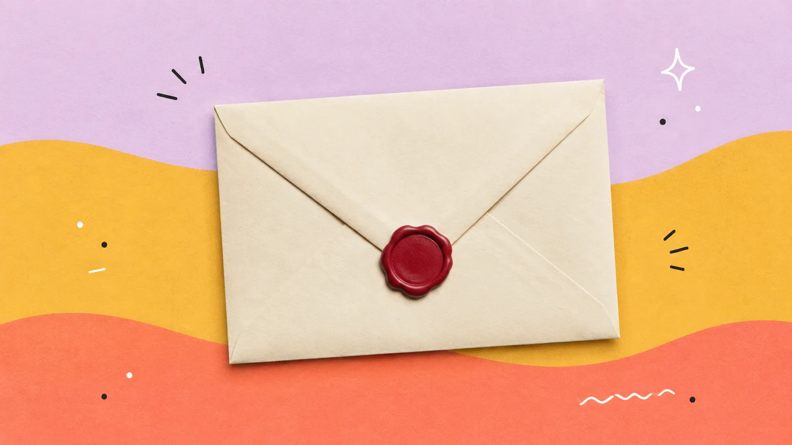 A sealed cream envelope with a red wax seal, cut out on a grained paper-collage ground