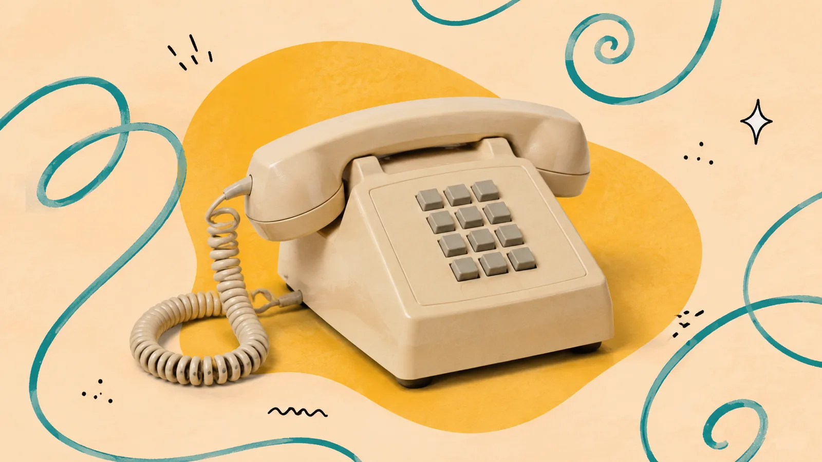 A classic beige desk telephone with a coiled cord, cut out on a grained paper-collage ground