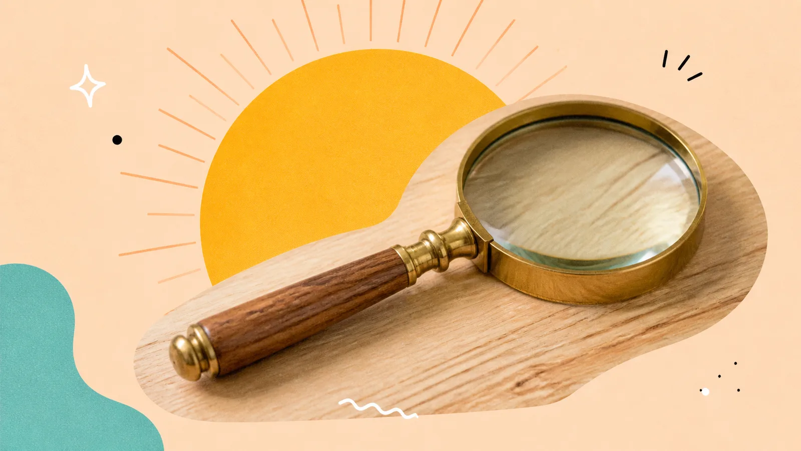 A brass magnifying glass lying on a light wooden table, cut out on a grained paper-collage ground