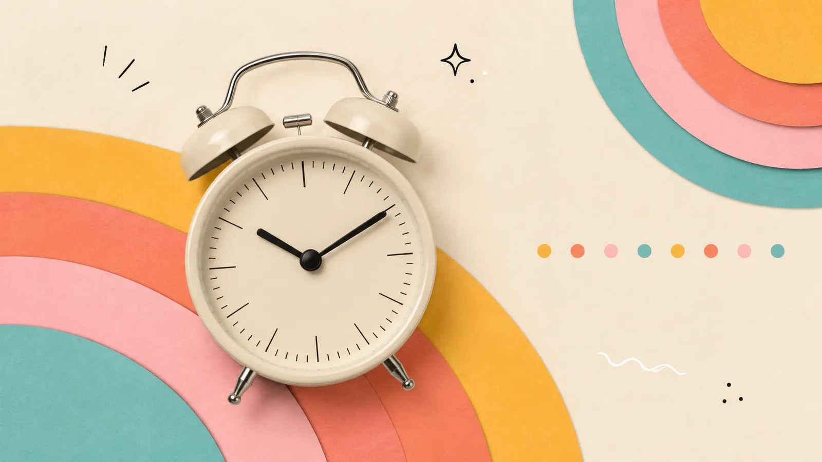 A classic twin-bell wind-up alarm clock in cream enamel, cut out on a grained paper-collage ground