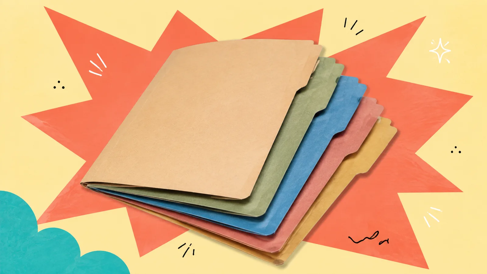 A neat stack of five colored cardboard document folders, fanned slightly, cut out on a grained paper-collage ground