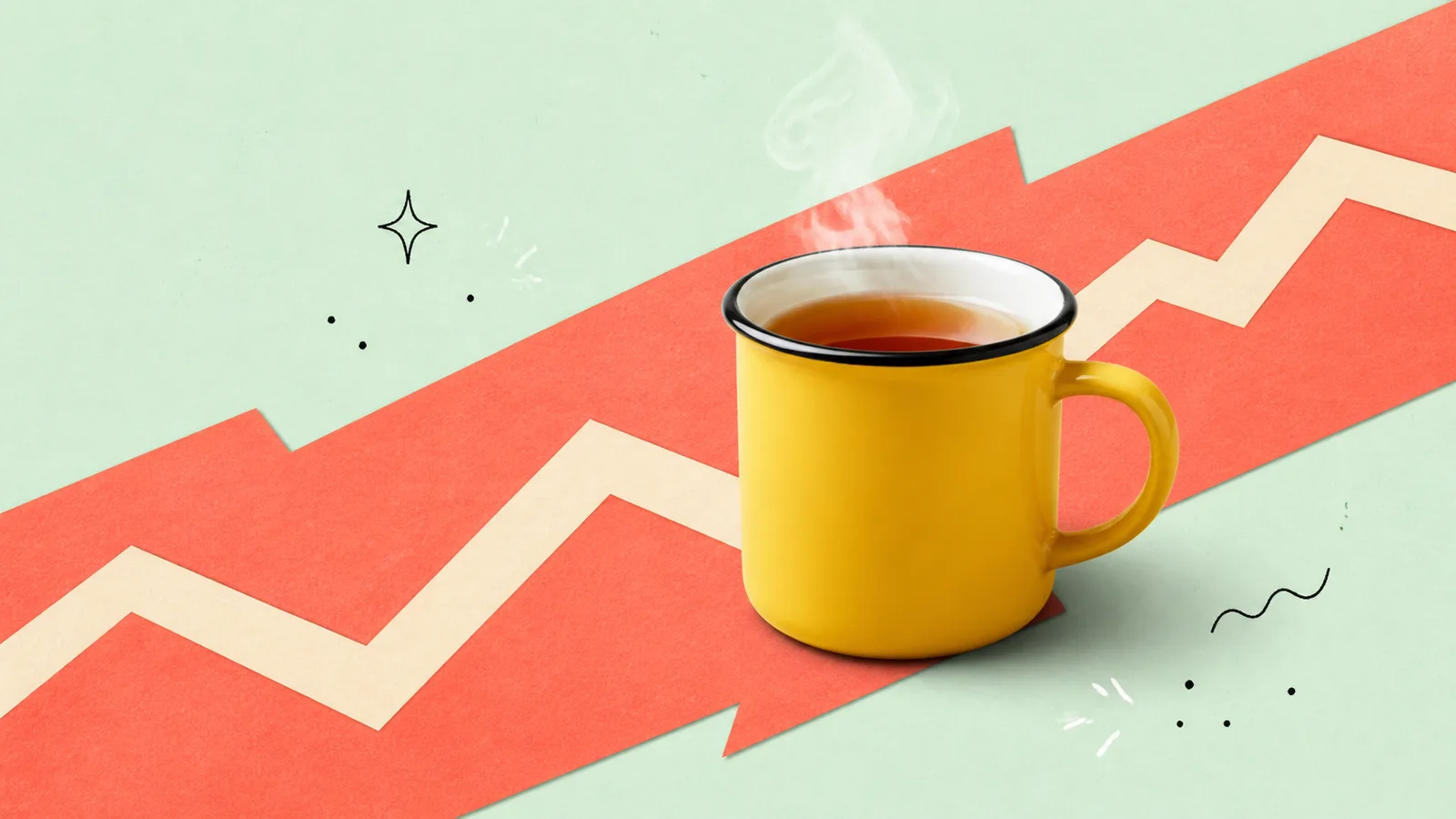 A bright yellow enamel mug of tea, steam visible, cut out on a grained paper-collage ground