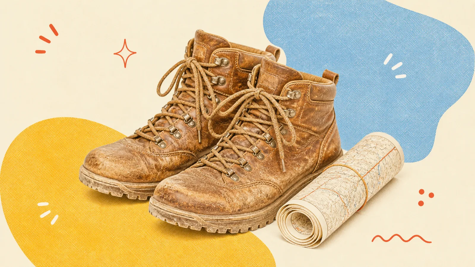 A pair of worn leather hiking boots with a rolled paper trail map tucked beside them, cut out on a grained paper-collage ground