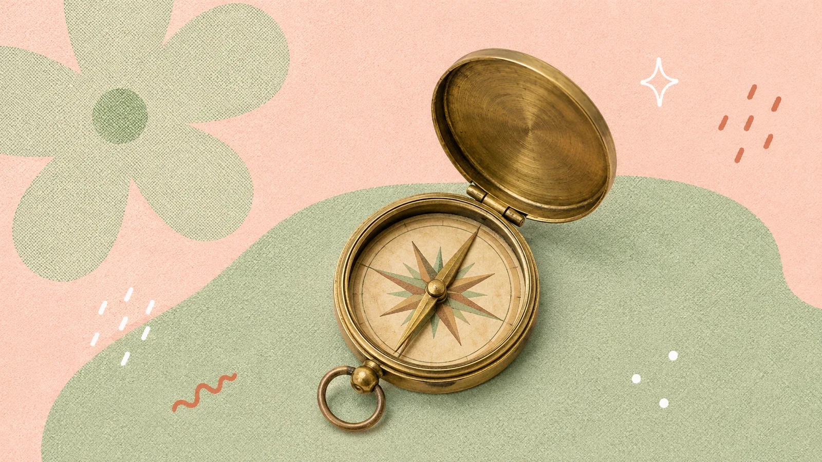 An old brass pocket compass with its lid open, seen from above, cut out on a grained paper-collage ground