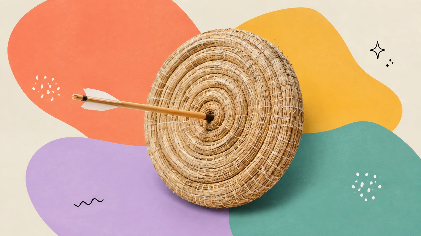 A small straw archery target with a single wooden arrow in the bull's-eye, cut out on a grained paper-collage ground