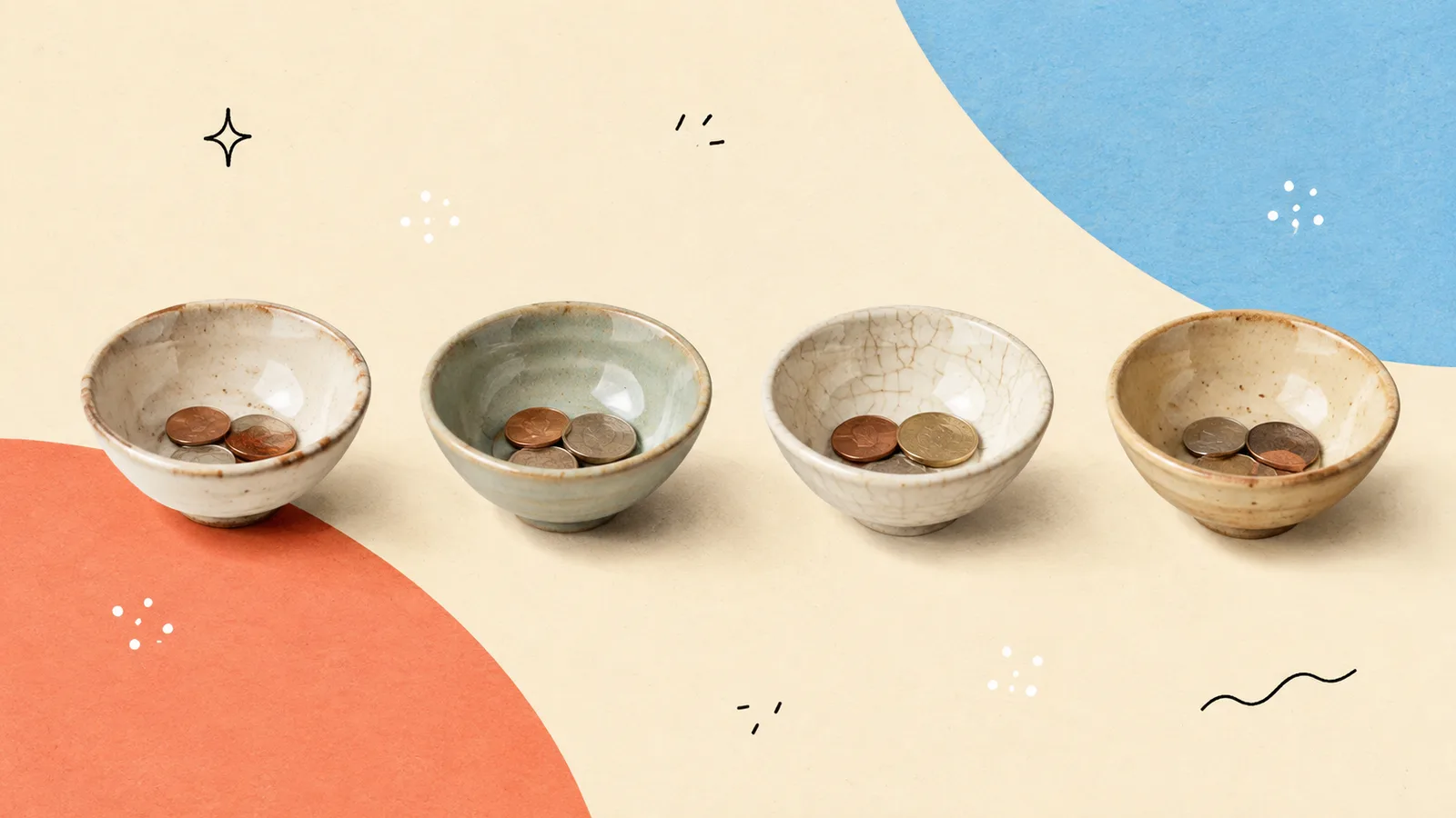 Four small ceramic bowls in a row, each with a few coins, cut out on a grained paper-collage ground