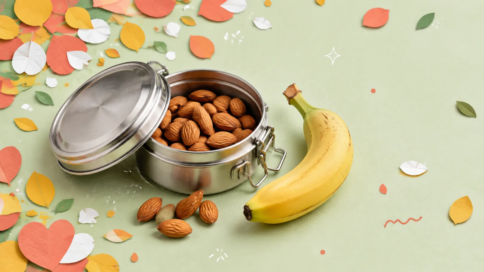 A steel lunch tiffin box, open, with almonds and a banana beside it, cut out on a grained paper-collage ground
