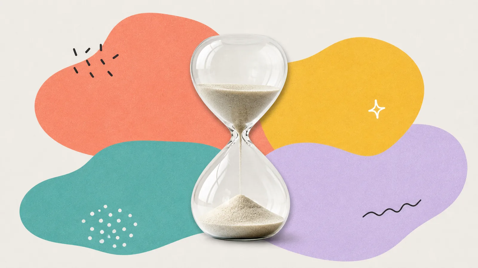 A classic glass hourglass with pale sand, half run through, cut out on a grained paper-collage ground