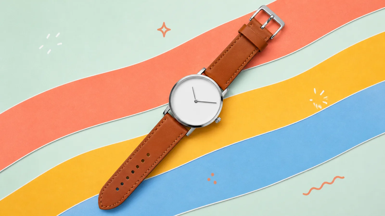 A leather-strap wristwatch with a plain white dial, laid flat, cut out on a grained paper-collage ground
