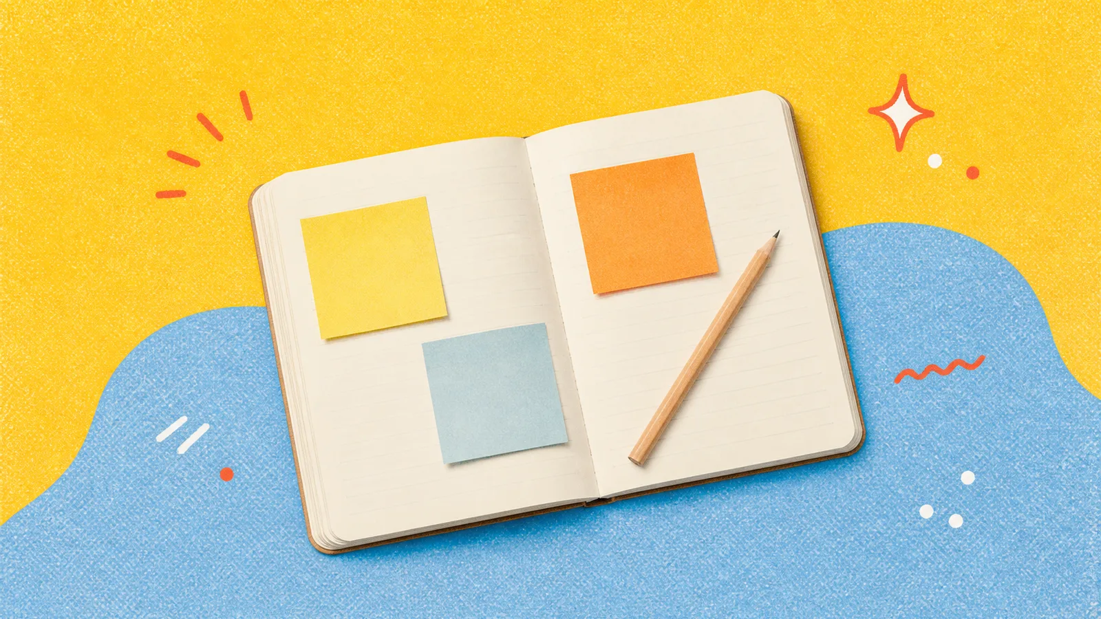 An open notebook with three sticky notes and a pencil, cut out and set on a grained mustard-and-blue print
