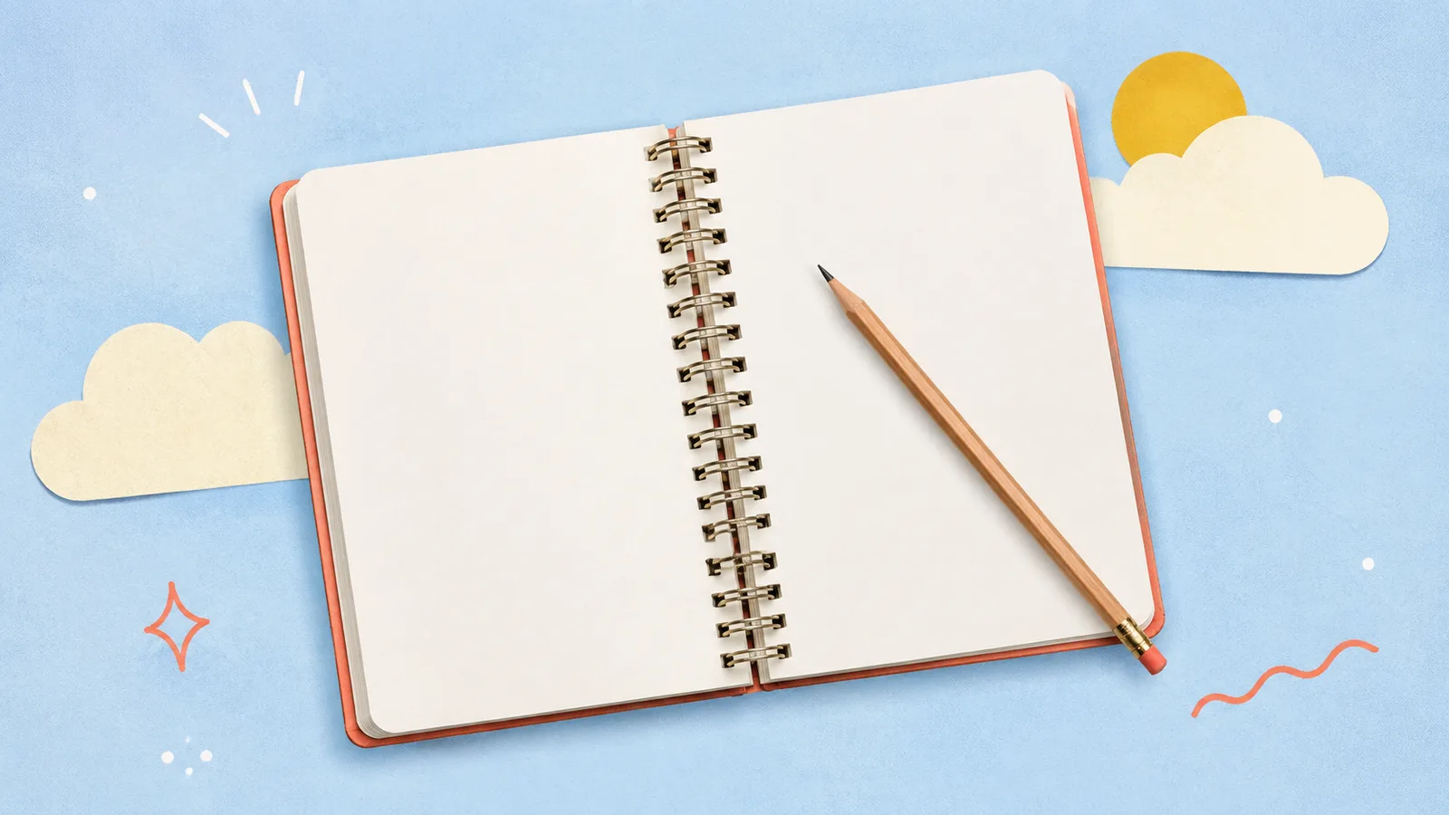 A wire-bound daily planner lying open with a pencil across it, cut out on a grained paper-collage ground