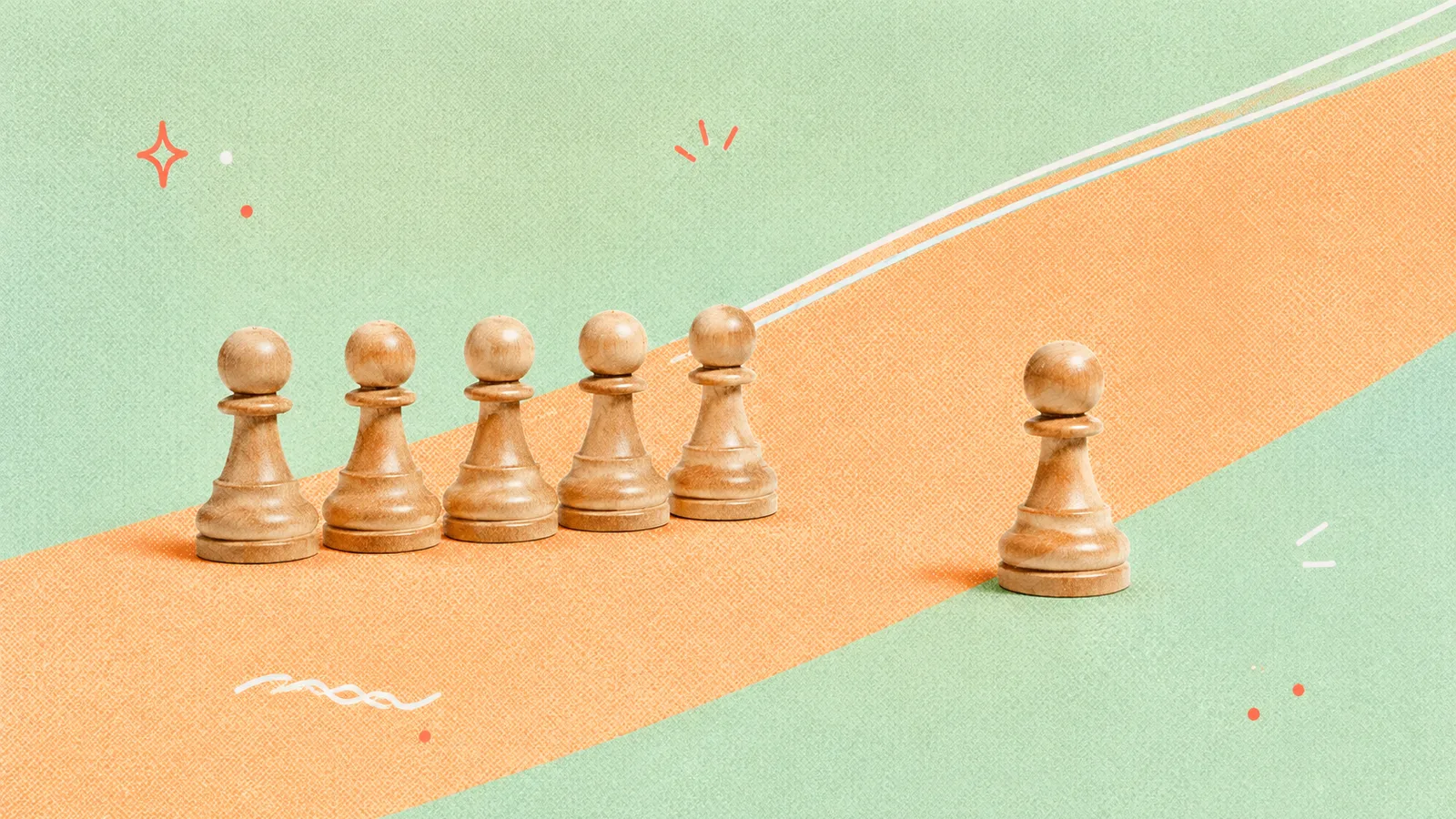 Six plain wooden chess pawns standing in a row on a light table, five together and one stepped clearly ahead of the others, cut out on a grained paper-collage ground