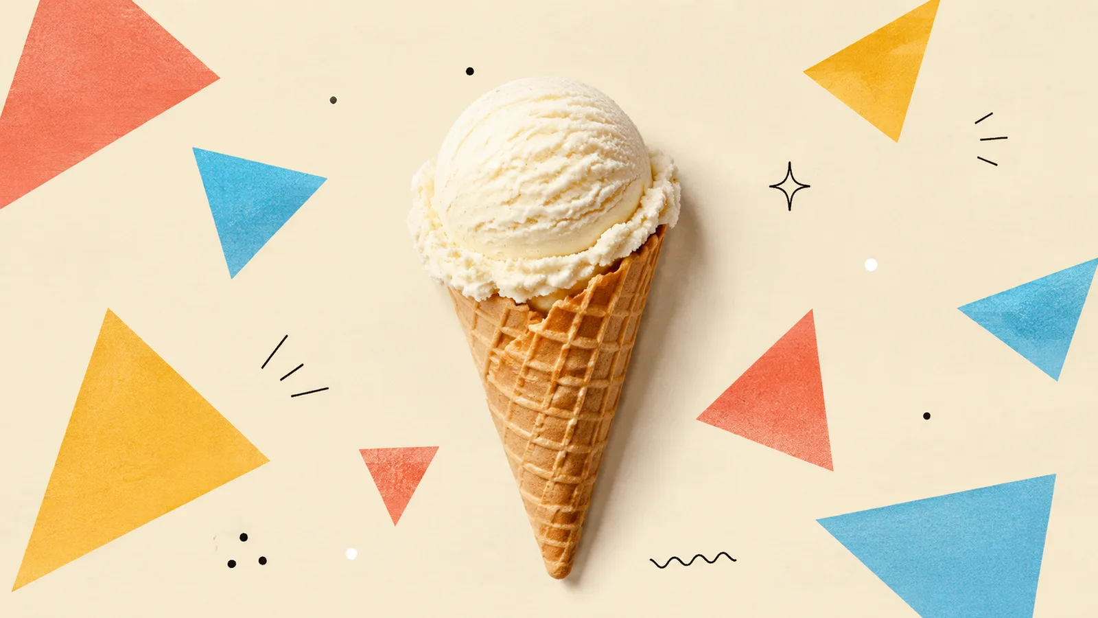 A single scoop of vanilla ice cream in a waffle cone, cut out on a grained paper-collage ground