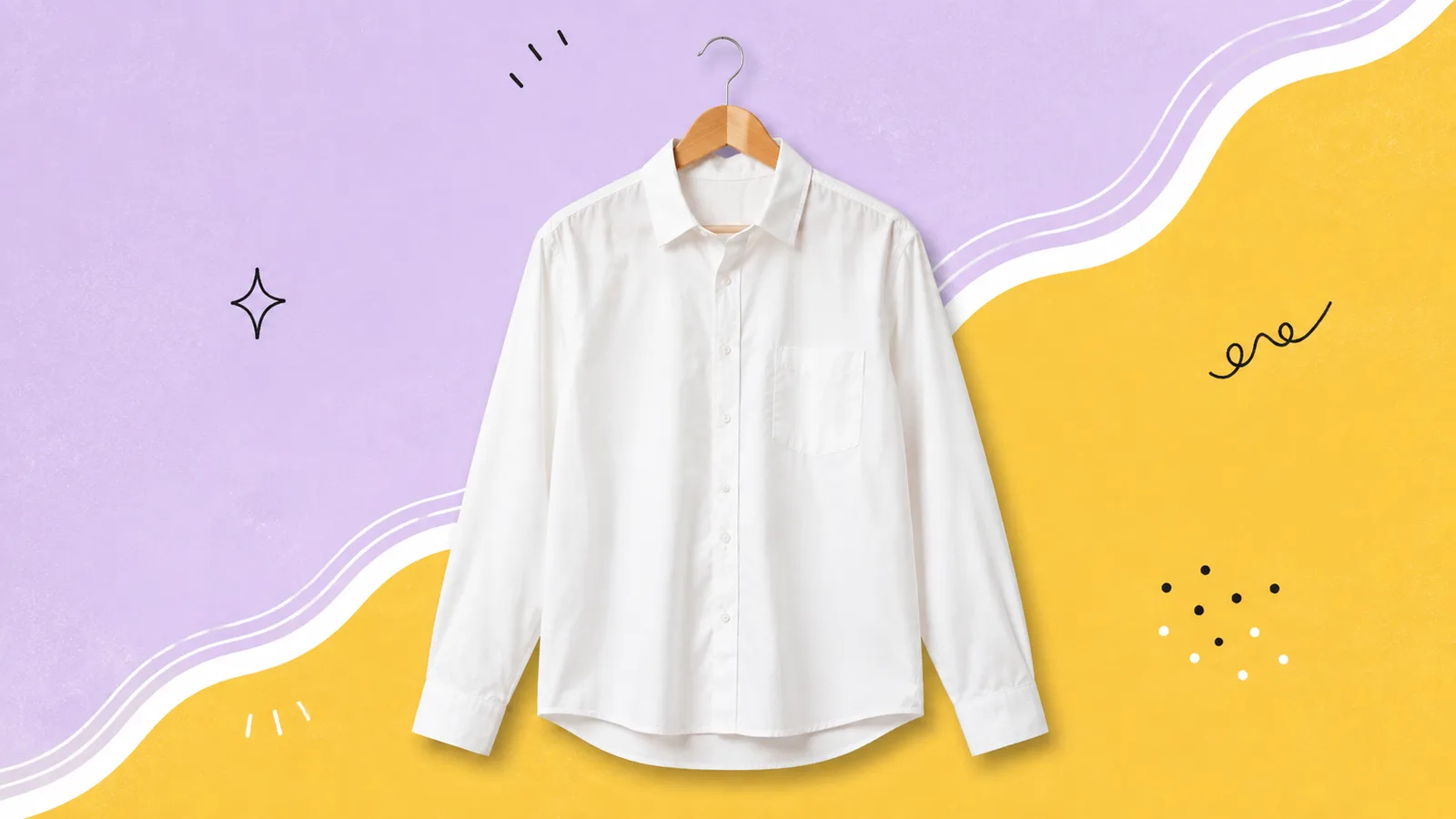 A plain white cotton shirt on a wooden hanger, shot straight on, cut out on a grained paper-collage ground